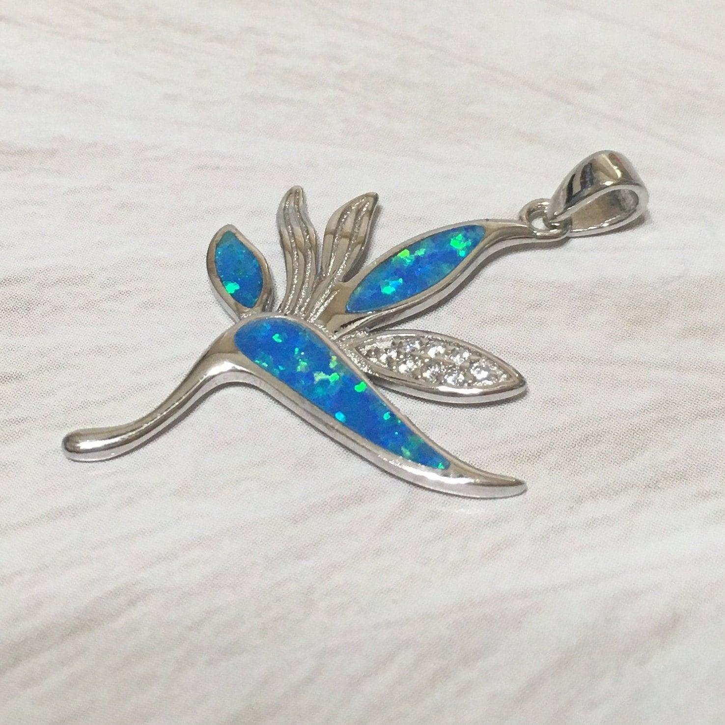 Stunning Hawaiian Bird of Paradise Necklace and Earring, Sterling Silver Blue Opal Bird of Paradise CZ Pendant, N6156S Birthday Mom Gift - Hawaii Treasures Shop