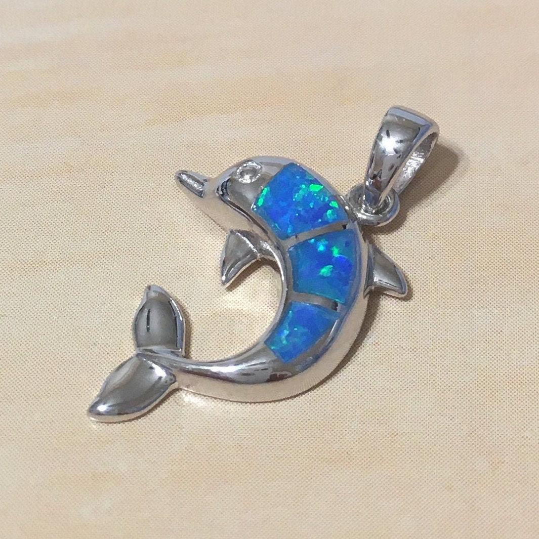 Pretty Hawaiian Blue Opal Dolphin Necklace and Earring, Sterling Silver Blue Opal Dolphin Pendant, N2025S2 Birthday Mother Mom Girl Gift - Hawaii Treasures Shop