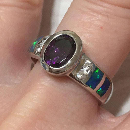 Beautiful Hawaiian Blue Opal Amethyst Ring, Sterling Silver Blue Opal Amethyst CZ Ring, R2448 Birthday Mom Mother Gift, Statement PC - Hawaii Treasures Shop