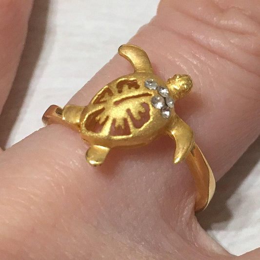 Unique Beautiful Hawaiian Sea Turtle Hibiscus Ring, Sterling Silver Yellow Gold-Plated Turtle CZ Ring, R2425 Birthday Mom Mother Gift - Hawaii Treasures Shop