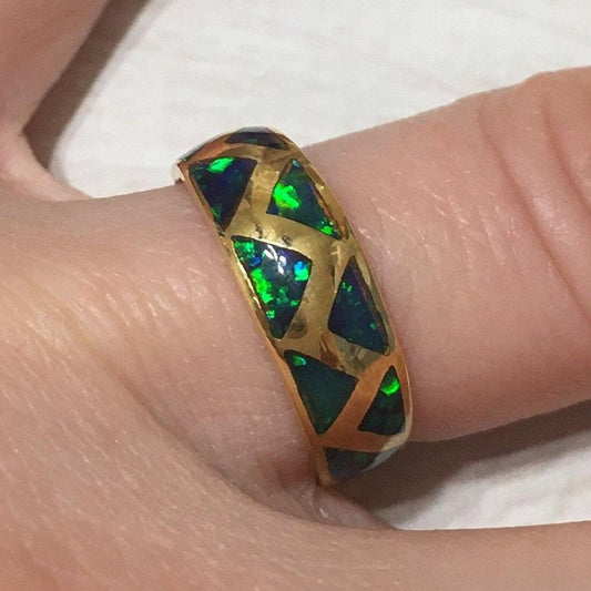 Beautiful Hawaiian Opal Ring, Sterling Silver Yellow Gold-Plated Opal Inlay Ring, R2430 Anniversary Birthday Mom Wife Mother Gift - Hawaii Treasures Shop
