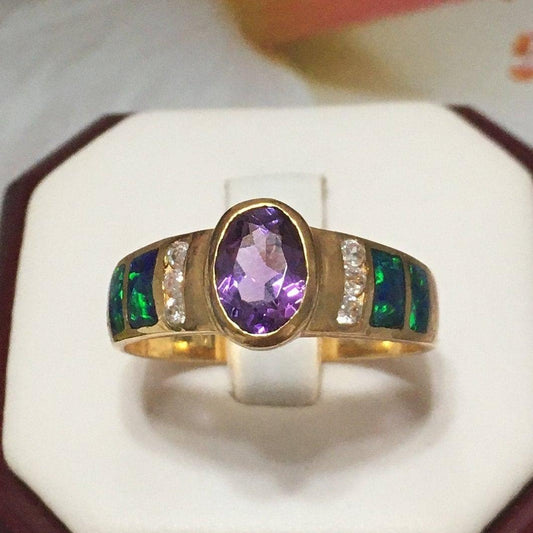 Unique Beautiful Hawaiian Opal Amethyst Ring, Sterling Silver Yellow Gold-Plated Opal Amethyst CZ Ring, R2433 Birthday Mother Gift - Hawaii Treasures Shop