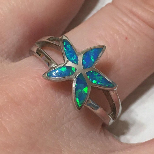Gorgeous Hawaiian Blue Opal Starfish Ring, Sterling Silver Blue Opal Star Fish Ring, R2434 Birthday Mom Mother Anniversary Gift - Hawaii Treasures Shop
