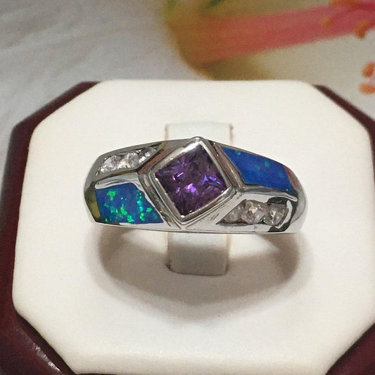Beautiful Hawaiian Blue Opal Amethyst Ring, Sterling Silver Blue Opal Amethyst CZ Ring, R2444 Birthday Mom Mother Gift, Statement PC - Hawaii Treasures Shop