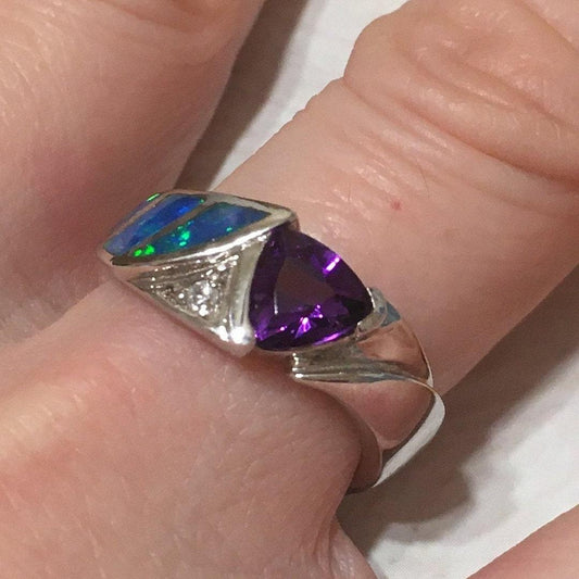 Unique Beautiful Hawaiian Blue Opal Amethyst Ring, Sterling Silver Blue Opal Amethyst CZ Ring, R2445 Birthday Mom Gift, Statement PC - Hawaii Treasures Shop