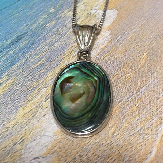 Beautiful Hawaiian Genuine Paua Shell Necklace, Sterling Silver Abalone MOP Oval-Shape Pendant N8029 Birthday Mom Mother Gift - Hawaii Treasures Shop