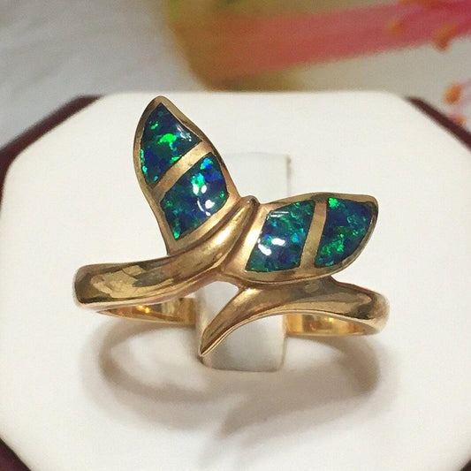 Unique Beautiful Hawaiian Large Opal Whale Tail Ring, Sterling Silver Yellow-Gold Plated Opal Whale Tail Ring, R2429 Birthday Mom Gift - Hawaii Treasures Shop