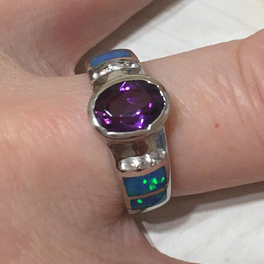 Unique Gorgeous Hawaiian Blue Opal Amethyst Ring, Sterling Silver Blue Opal Amethyst CZ Ring R2446 Birthday Mom Mother Gift, Statement PC - Hawaii Treasures Shop