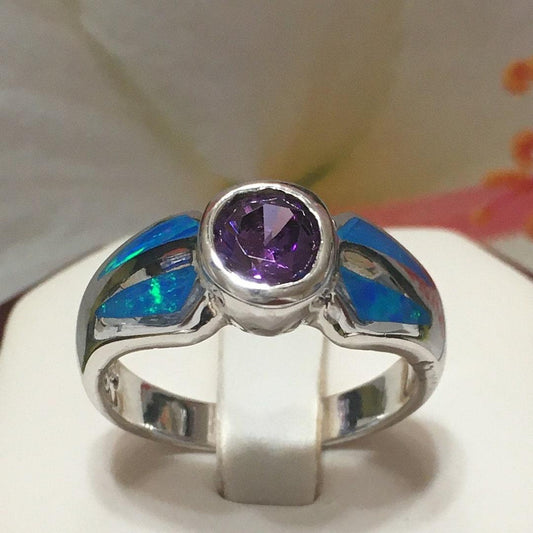 Unique Stunning Hawaiian Blue Opal Amethyst Ring, Sterling Silver Blue Opal Amethyst Ring, R2447 Birthday Mom Mother Gift, Statement PC - Hawaii Treasures Shop