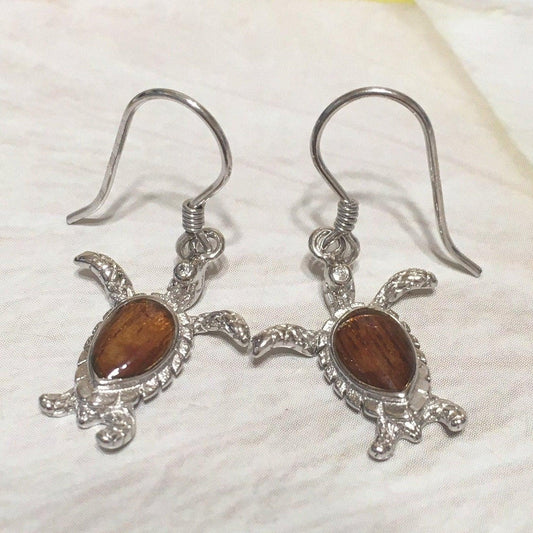 Unique Beautiful Hawaiian Genuine Koa Wood Sea Turtle Earring, Sterling Silver Turtle Dangle Earring, E8190 Birthday Mom Mother Gift - Hawaii Treasures Shop