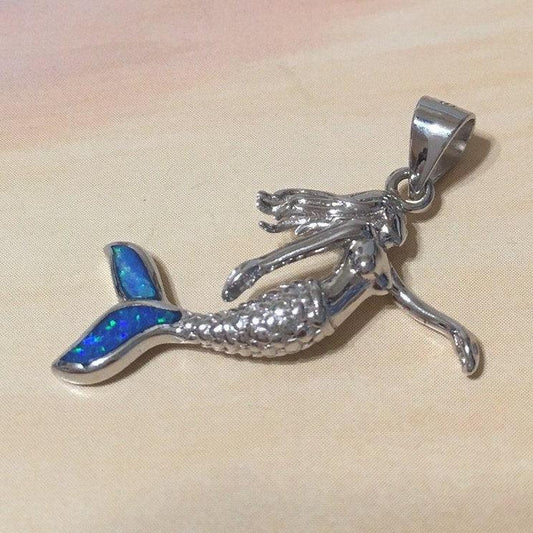 Unique Hawaiian 3D Blue Opal Mermaid Necklace, Sterling Silver Blue Opal Mermaid Pendant, N2351 Birthday Mom Wife Mother Gift, Island - Hawaii Treasures Shop