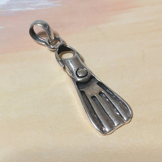 Unique Hawaiian Snorkeling Flipper Necklace, Sterling Silver Flipper Pendant, High Polish & Oxidized Finish, N8363 Birthday Gift - Hawaii Treasures Shop