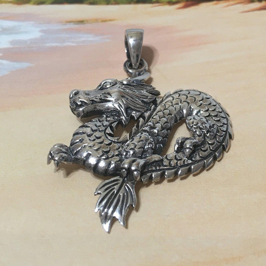 Gorgeous Unique Hawaiian Large Dragon Necklace, Sterling Silver Dragon Pendant, N8329 Birthday Gift, Statement PC - Hawaii Treasures Shop