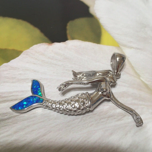 Unique Stunning X- Large Hawaiian 3D Mermaid Necklace, Sterling Silver Blue Opal Mermaid Pendant, N2354 Birthday Mom Gift, Statement PC - Hawaii Treasures Shop