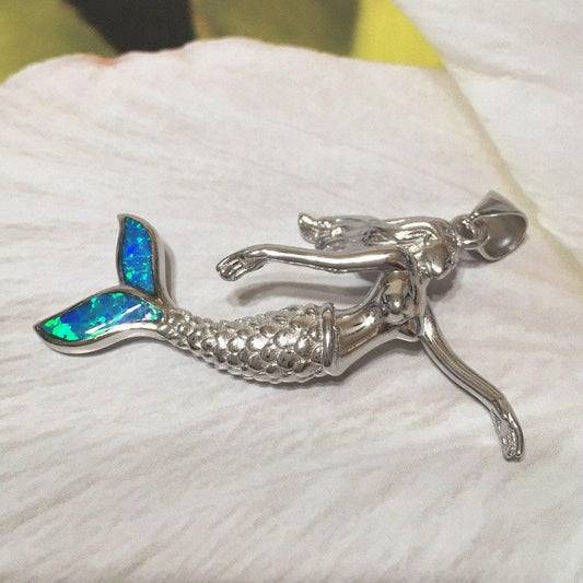 Gorgeous Hawaiian X-Large 3D Mermaid Necklace, Sterling Silver Blue Opal Mermaid Pendant, N2353 Birthday Mom Mother Gift, Statement PC - Hawaii Treasures Shop