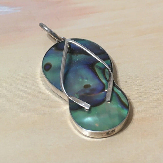 Unique Hawaiian Large Genuine Paua Shell Slipper Necklace, Sterling Silver Abalone MOP Sandal Pendant, N8361 Birthday Mother Gift - Hawaii Treasures Shop