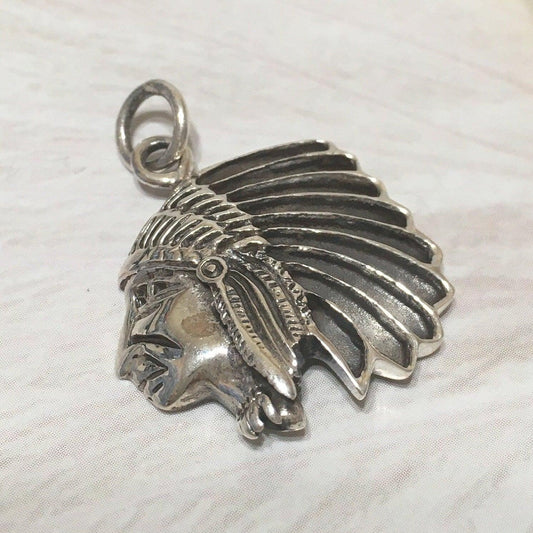 Unique Native American Indian Chief Necklace, Sterling Silver American Indian Pendant, N8327 Statement PC - Hawaii Treasures Shop