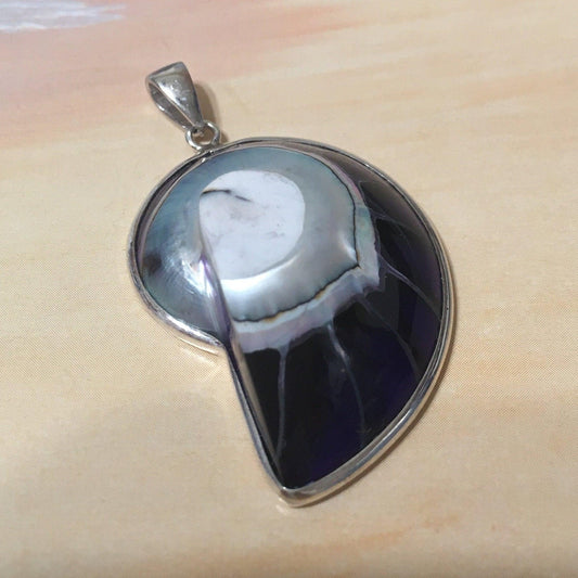 Unique Beautiful Hawaiian Large Genuine Nautilus Shell Necklace, Sterling Silver Natural Blue Nautilus Fossil Pendant, N8320 Birthday Gift - Hawaii Treasures Shop