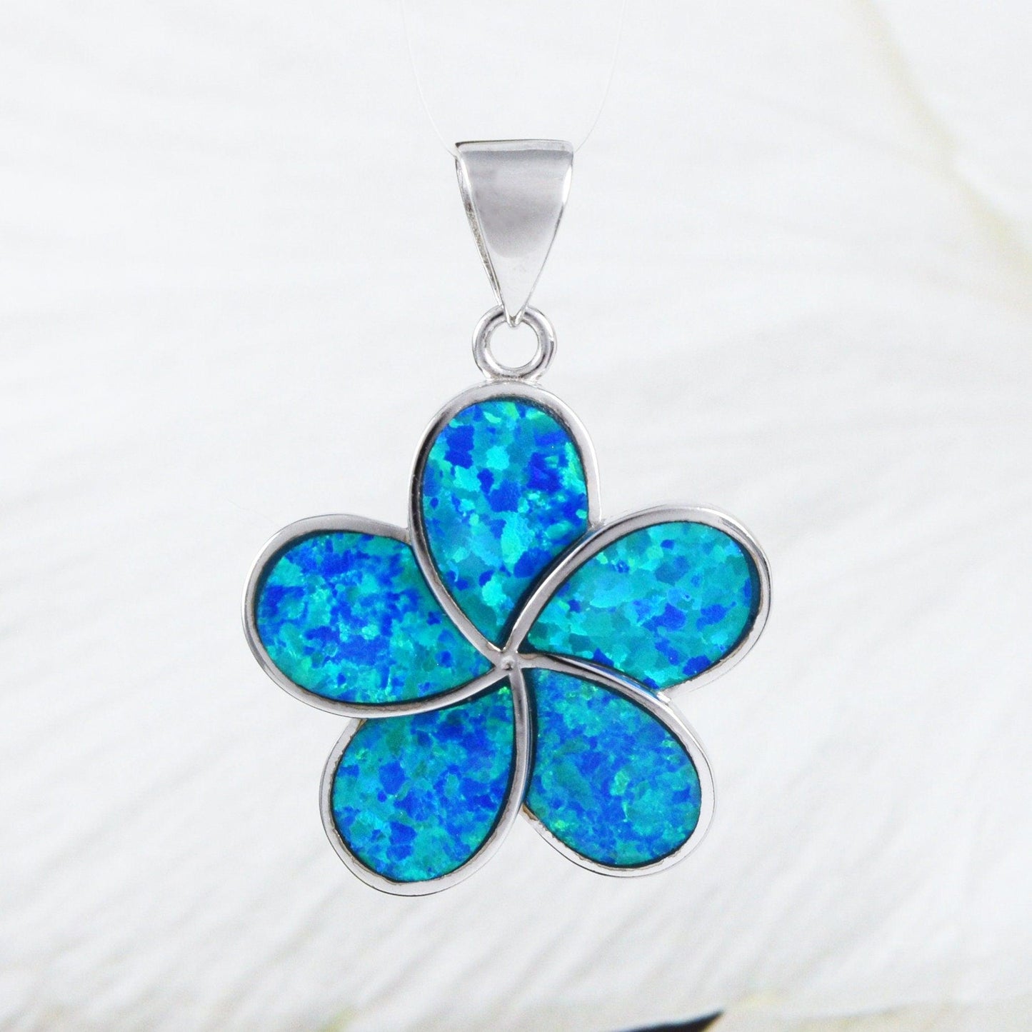Gorgeous Hawaiian Large Blue Opal Plumeria Earring and Necklace, Sterling Silver Blue Opal Plumeria Flower Pendant N6008SH Birthday Mom Gift - Hawaii Treasures Shop