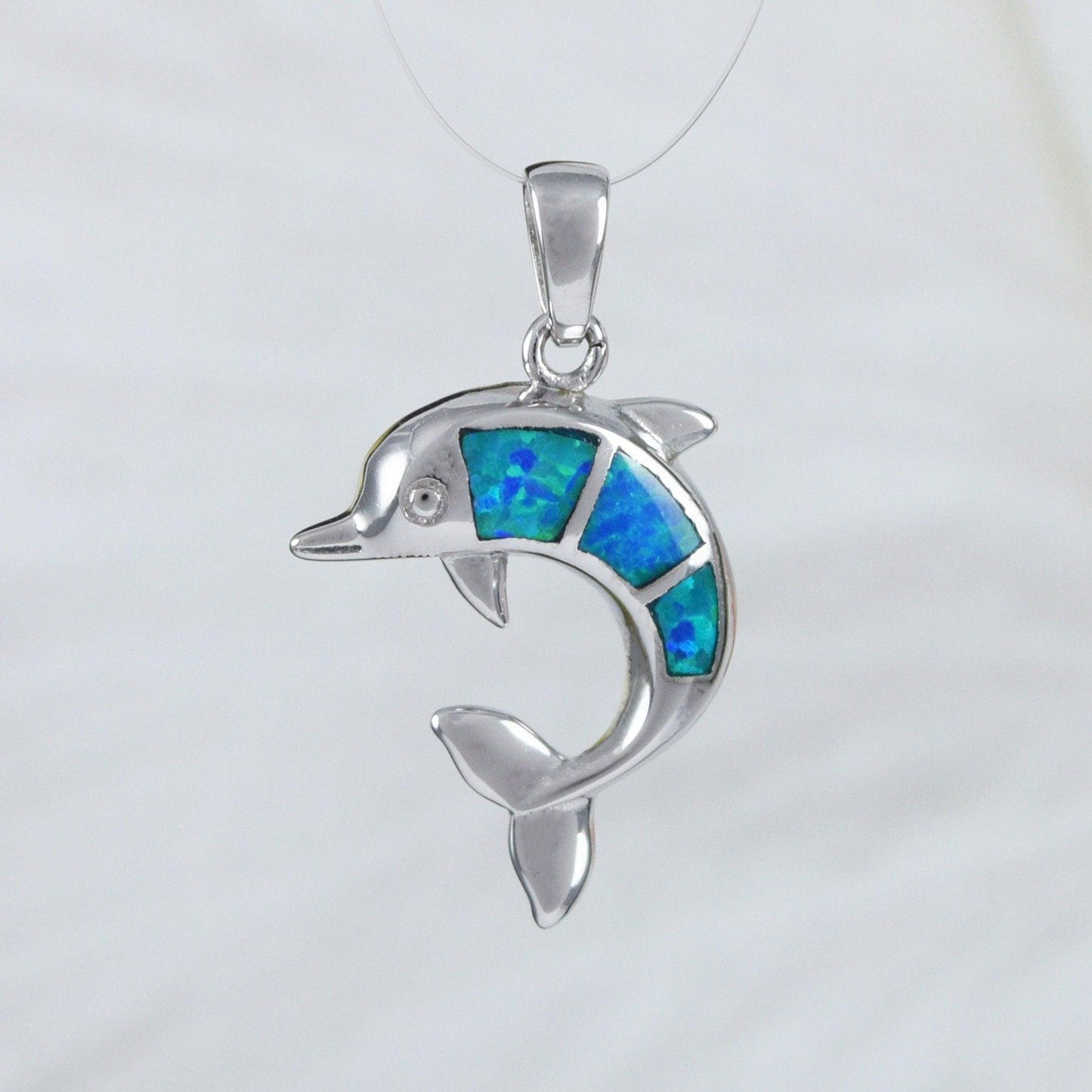 Pretty Hawaiian Blue Opal Dolphin Necklace and Earring, Sterling Silver Blue Opal Dolphin Pendant, N2025S2 Birthday Mother Mom Girl Gift - Hawaii Treasures Shop
