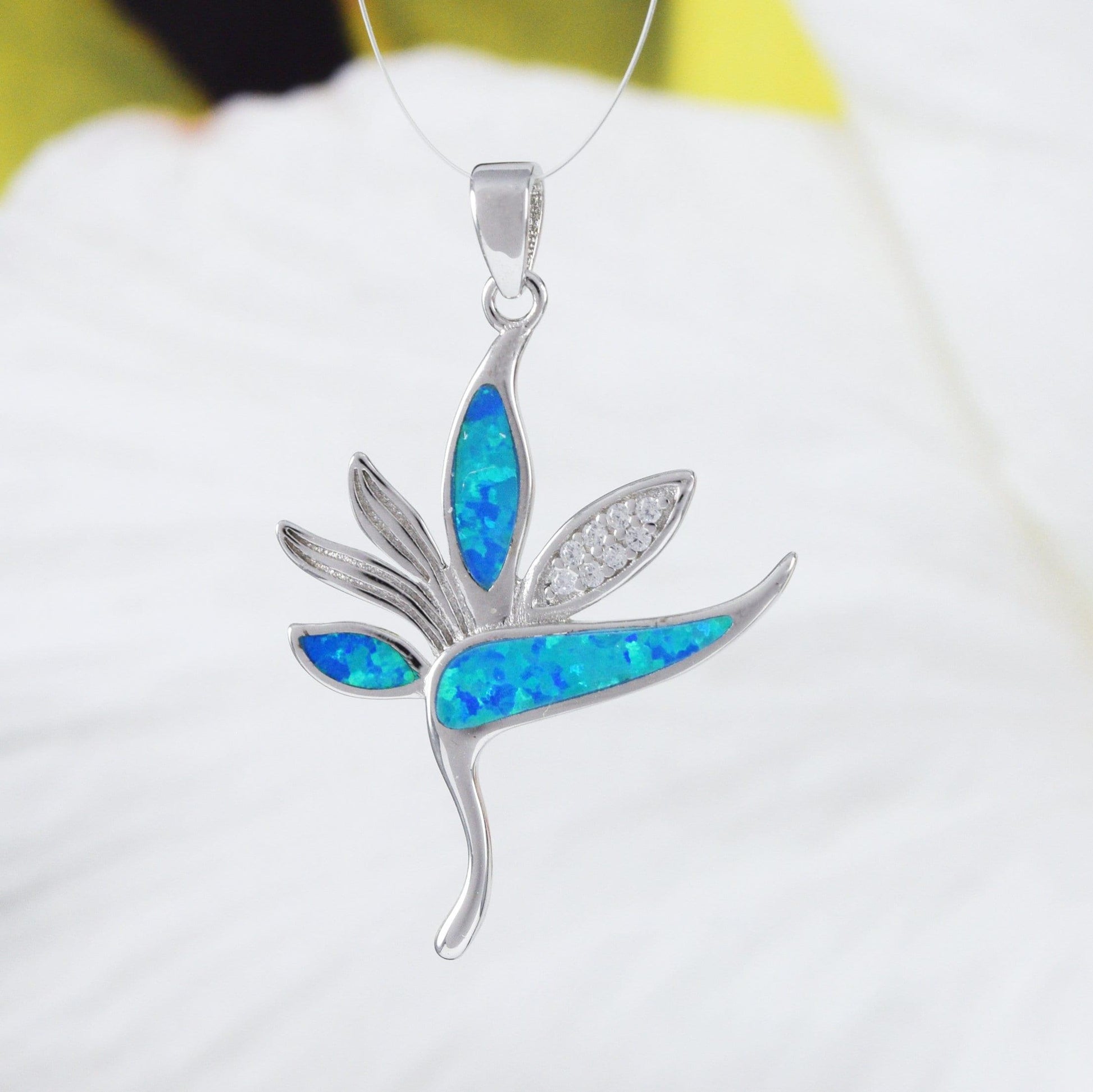 Stunning Hawaiian Bird of Paradise Necklace and Earring, Sterling Silver Blue Opal Bird of Paradise CZ Pendant, N6156S Birthday Mom Gift - Hawaii Treasures Shop