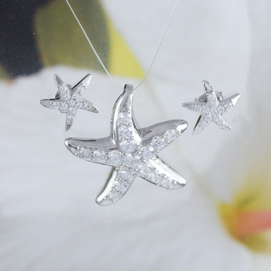 Gorgeous Hawaiian Large Starfish Earring and Necklace, Sterling Silver Star Fish CZ Pendant, N6168S Birthday Mother Wife Mom Gift - Hawaii Treasures Shop