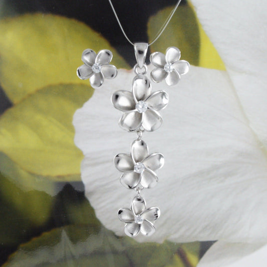 Gorgeous Hawaiian Large 3 Plumeria Earring and Necklace, Past Present & Future, Sterling Silver 3 Plumeria Flower CZ Pendant N6138S Mom Gift - Hawaii Treasures Shop