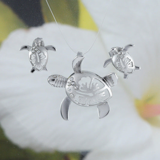 Beautiful Hawaiian Large Sea Turtle Hibiscus Earring and Necklace, Sterling Silver Turtle Hibiscus CZ Pendant, N6025S Birthday Mom Gift - Hawaii Treasures Shop