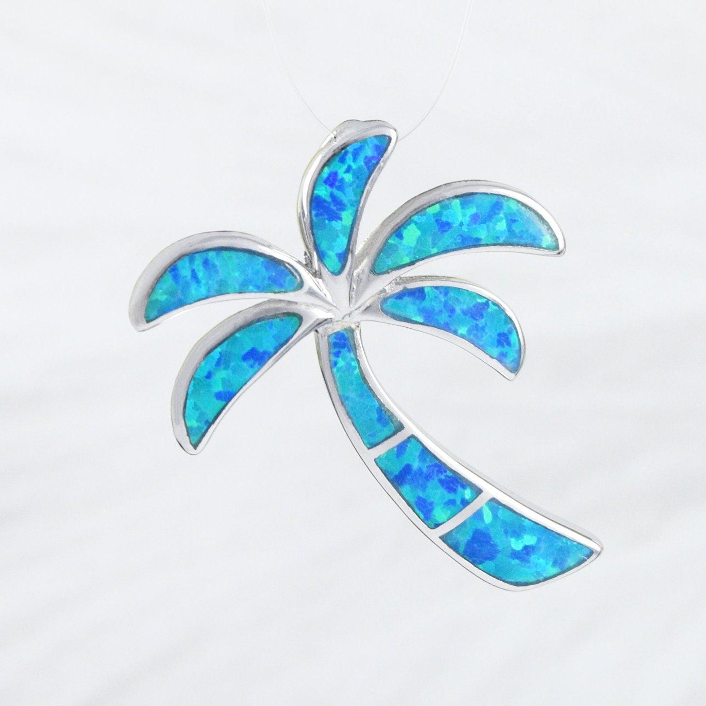 Gorgeous Hawaiian Large Blue Opal Palm Tree Earring and Necklace, Sterling Silver Blue Opal Palm Tree Pendant, N6015SH Birthday Mom Gift - Hawaii Treasures Shop