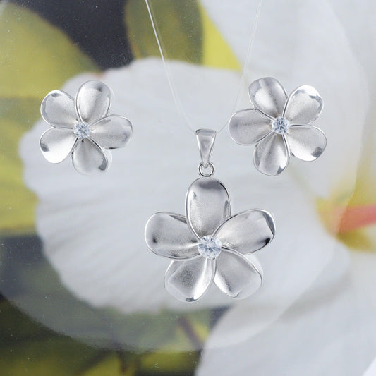 Beautiful Hawaiian Large Plumeria Earring and Necklace, Sterling Silver Plumeria Flower CZ Pendant, N6001 Birthday Anniversary Mom Wife Gift - Hawaii Treasures Shop
