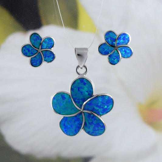 Gorgeous Hawaiian Large Opal Plumeria Earring and Necklace, Sterling Silver Blue Opal Plumeria Flower Pendant, N6007 Birthday Mom Gift - Hawaii Treasures Shop