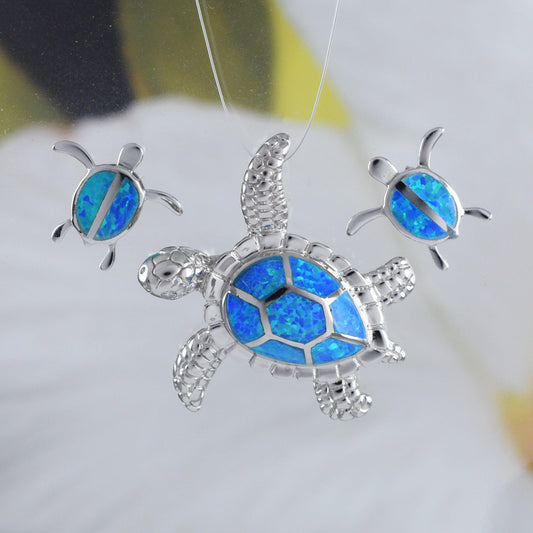 Beautiful Hawaiian Sea Turtle Earring and Necklace, Sterling Silver Blue Opal Turtle Pendant, N6022S Birthday Mother Wife Mom Gift - Hawaii Treasures Shop