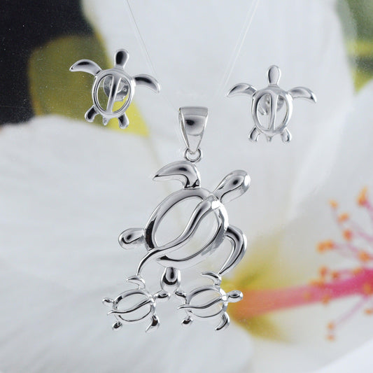 Gorgeous Hawaiian Large Mom & 2 Baby Sea Turtle Earring and Necklace, Sterling Silver Turtle Family Pendant, N6027S Birthday Wife Mom Gift - Hawaii Treasures Shop