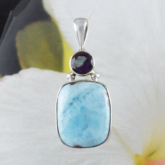 Unique Gorgeous Hawaiian Large Genuine Larimar Mystic Topaz Necklace, Sterling Silver Natural Larimar Pendant N8455 Birthday Mom Gift - Hawaii Treasures Shop