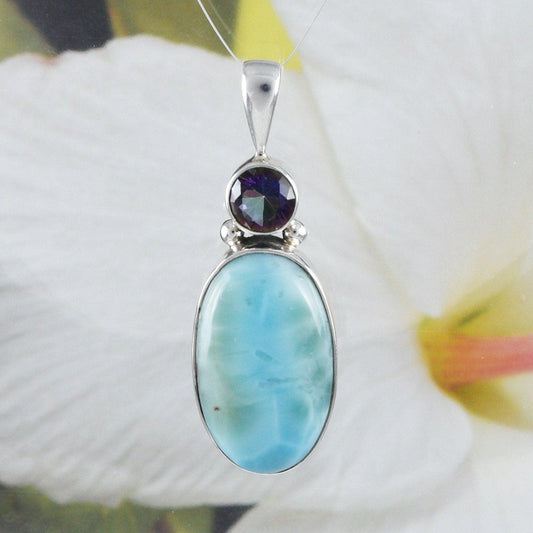 Gorgeous Hawaiian Large Genuine Larimar Mystic Topaz Necklace, Sterling Silver Natural Larimar Pendant N8453 Birthday Mom Gift, Statement PC - Hawaii Treasures Shop