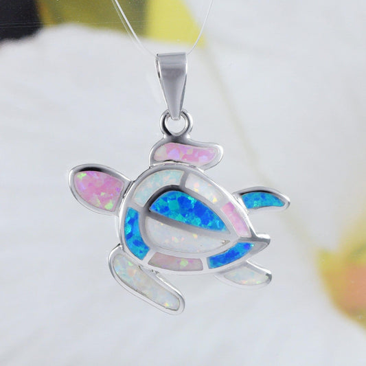 Unique Beautiful Hawaiian Tri-color Opal Sea Turtle Necklace, Sterling Silver Opal Turtle Pendant, N9172 Birthday Mom Gift, Statement PC - Hawaii Treasures Shop