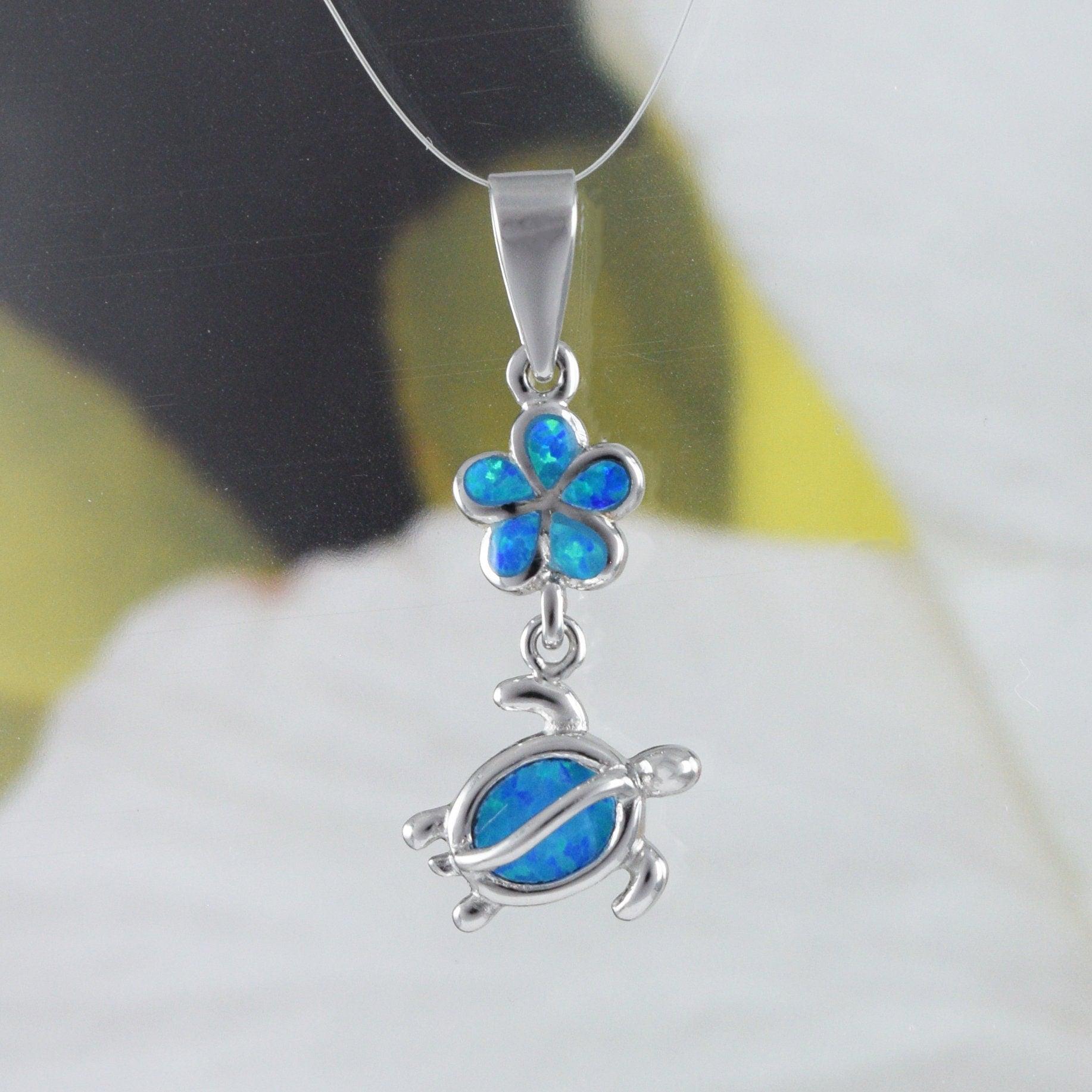 Unique Beautiful Hawaiian Blue Opal Plumeria Sea Turtle Necklace, Sterling Silver Blue Opal Plumeria Turtle Pendant, N8372 Birthday Mom Gift - Hawaii Treasures Shop