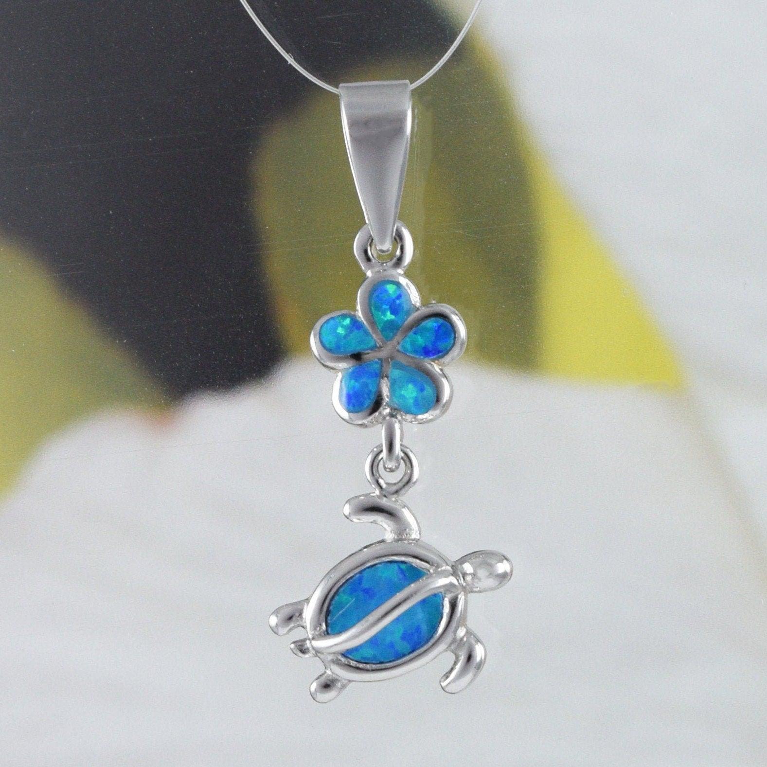 Unique Beautiful Hawaiian Blue Opal Plumeria Sea Turtle Necklace, Sterling Silver Blue Opal Plumeria Turtle Pendant, N8372 Birthday Mom Gift - Hawaii Treasures Shop