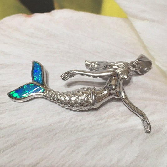 Gorgeous Hawaiian X-Large 3D Blue Opal Mermaid Necklace, Sterling Silver Blue Opal Mermaid Pendant, N2353 Birthday Mom Gift, Statement PC - Hawaii Treasures Shop