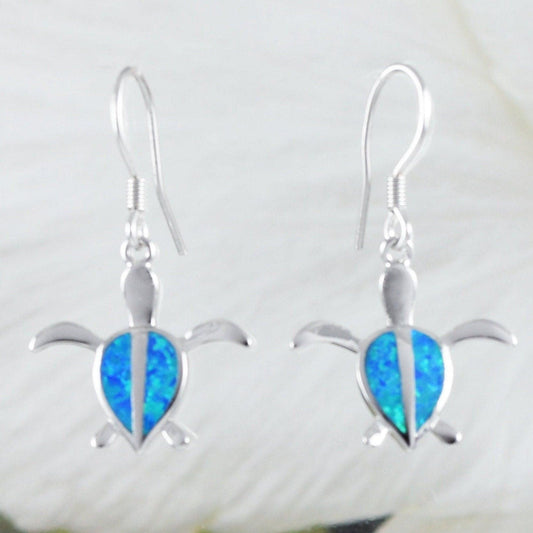 Beautiful Hawaiian Blue Opal Sea Turtle Earring, Sterling Silver Blue Opal Turtle Dangle Earring, E8407 Mother Birthday Mom Gift - Hawaii Treasures Shop