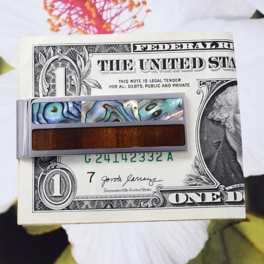 Unique Gorgeous Hawaiian X-Large Genuine Koa Wood Paua Shell Money Clip, Stainless Steel Hawaiian Money Clip, N8429 Birthday Gift - Hawaii Treasures Shop