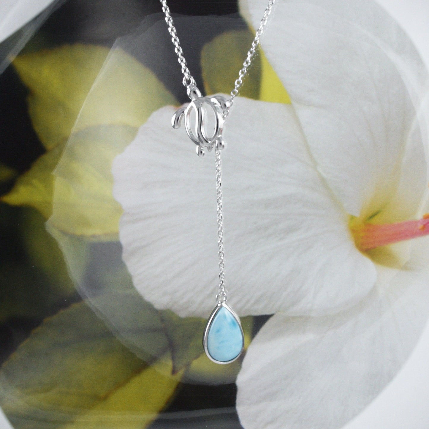 Unique Hawaiian Genuine Larimar Sea Turtle Rain Drop Earring and Necklace, Sterling Silver Larimar Turtle Necklace N8433S1 Birthday Mom Gift - Hawaii Treasures Shop