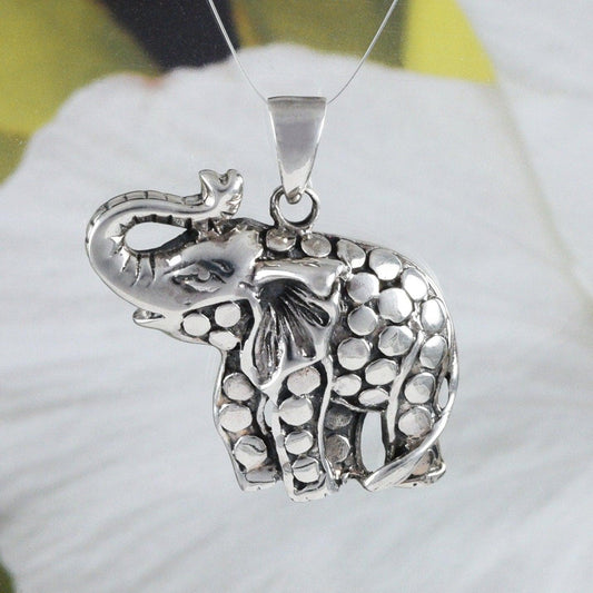 Unique Hawaiian Large Elephant Necklace, Sterling Silver Elephant Pendant, High Polish & Oxidized Finish, N8579 Statement PC - Hawaii Treasures Shop