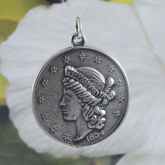 Unique Gorgeous Large Kellogg Coin 1854 Necklace, Sterling Silver Coin Pendant, N8592 Statement PC - Hawaii Treasures Shop
