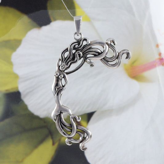 Unique Hawaiian X-Large Mermaid Necklace, Sterling Silver Mermaid Pendant, High Polish & Oxidized Finish, N8610 Birthday Mom Mother Gift - Hawaii Treasures Shop