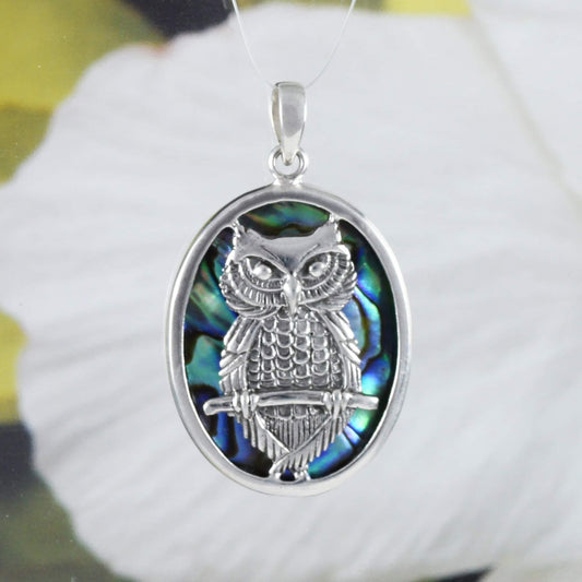 Unique Hawaiian Genuine Paua Shell Owl Necklace, Sterling Silver Owl Pendant, N8627 Birthday Mom Mother Gift, Statement PC - Hawaii Treasures Shop