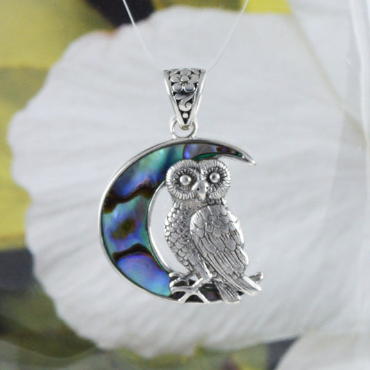 Unique Hawaiian Genuine Paua Shell Owl Necklace, Sterling Silver Owl Sitting on Moon Pendant, N8631 Birthday Mom Mother Gift - Hawaii Treasures Shop