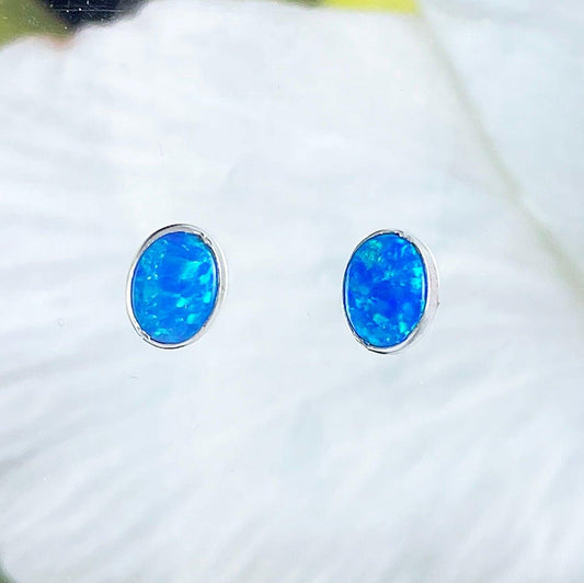 Beautiful Hawaiian Blue Opal Oval Cut Earring, Sterling Silver Blue Opal Stud Earring, E8635 Birthday Mother Mom Gift - Hawaii Treasures Shop