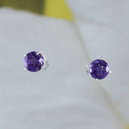 Beautiful Hawaiian Genuine Purple Amethyst Earring, Sterling Silver Round-Cut Amethyst Stud Earring, E8649 Birthday Mother Mom Gift - Hawaii Treasures Shop