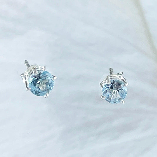 Beautiful Hawaiian Genuine Blue Topaz Round Cut Earring, Sterling Silver Round Blue Topaz Stud Earring, E8653 Birthday Mother Mom Gift - Hawaii Treasures Shop